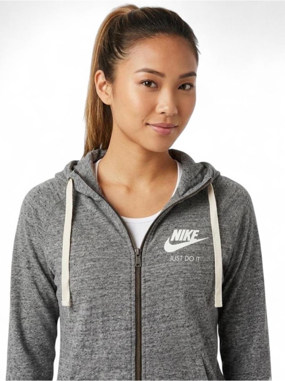 Nike Women’s Gray Zip-Up Hoodie with White Logo and Drawstrings